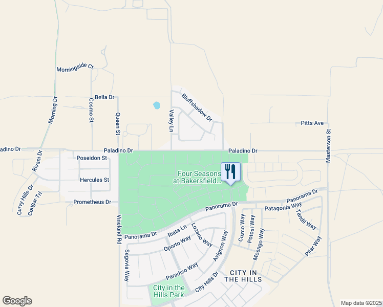 map of restaurants, bars, coffee shops, grocery stores, and more near 6406 Pretoria Place in Bakersfield