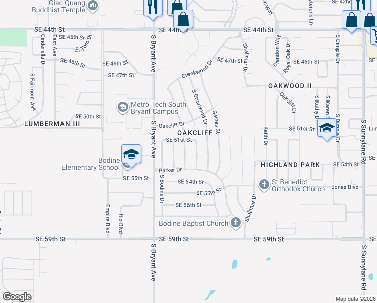 map of restaurants, bars, coffee shops, grocery stores, and more near 5305 Creekwood Terrace in Oklahoma City