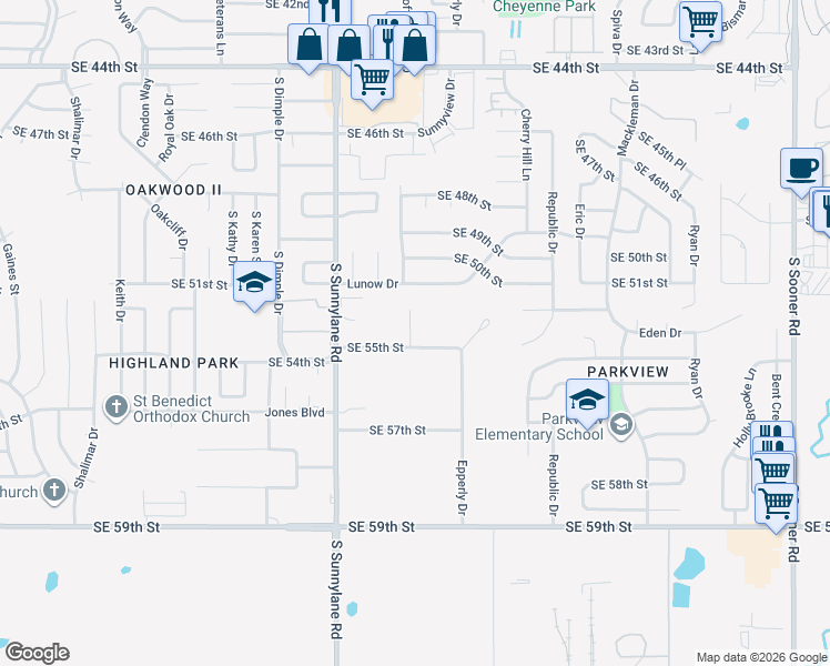 map of restaurants, bars, coffee shops, grocery stores, and more near 4321 Southeast 55th Street in Oklahoma City