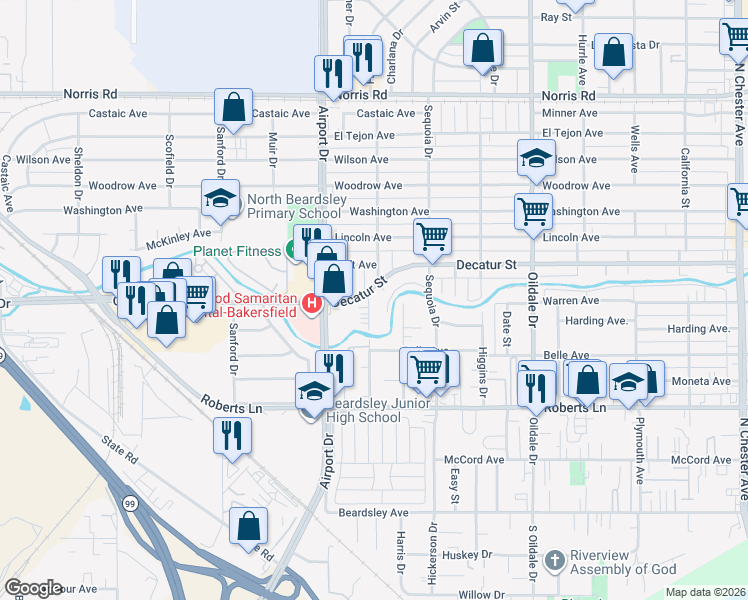 map of restaurants, bars, coffee shops, grocery stores, and more near 606 Belmont Avenue in Bakersfield