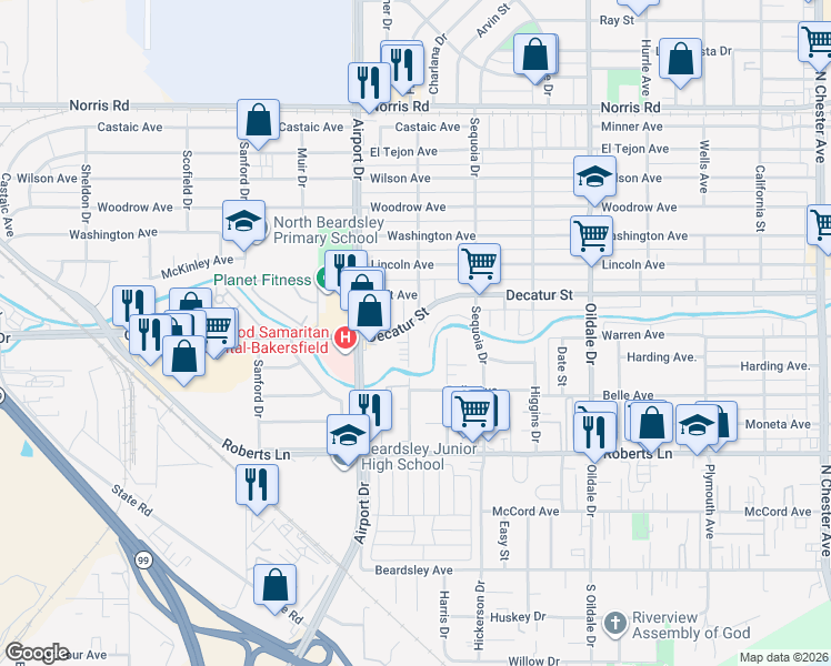 map of restaurants, bars, coffee shops, grocery stores, and more near 606 Belmont Avenue in Bakersfield