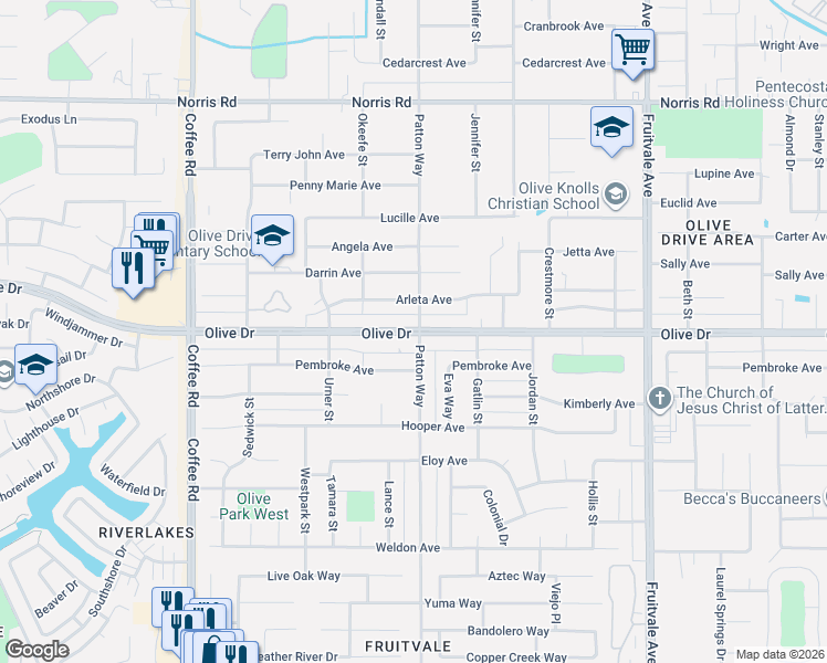 map of restaurants, bars, coffee shops, grocery stores, and more near in Kern County