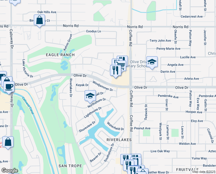 map of restaurants, bars, coffee shops, grocery stores, and more near 8319 Windjammer Drive in Bakersfield