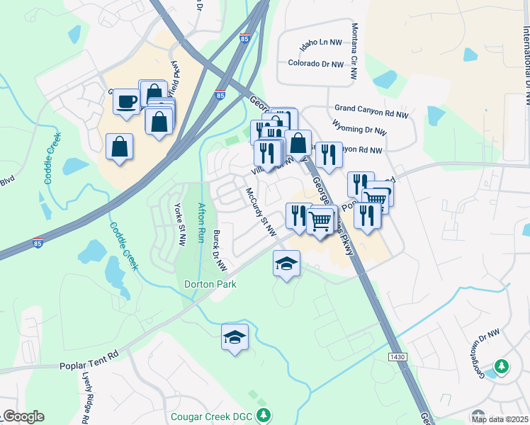 map of restaurants, bars, coffee shops, grocery stores, and more near 5453 Coleman Circle Northwest in Concord