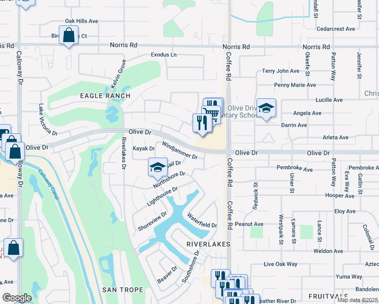 map of restaurants, bars, coffee shops, grocery stores, and more near 8319 Windjammer Drive in Bakersfield