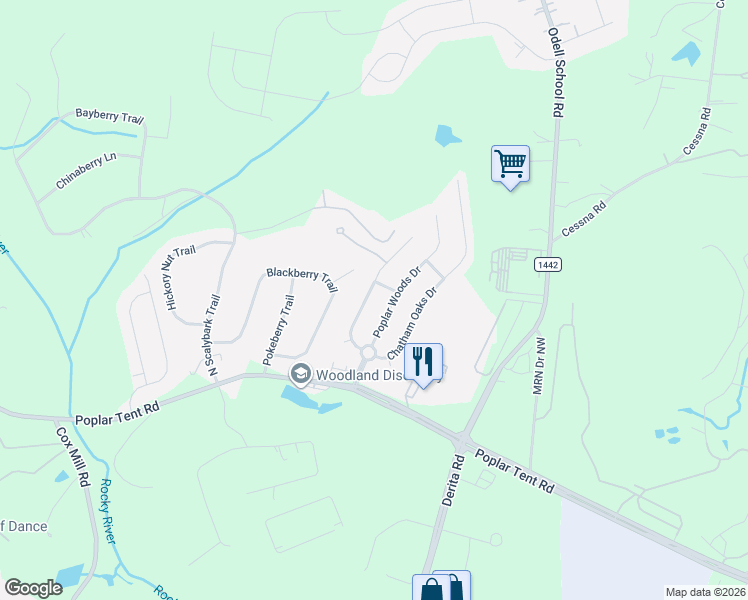 map of restaurants, bars, coffee shops, grocery stores, and more near 180 Poplar Woods Drive in Concord