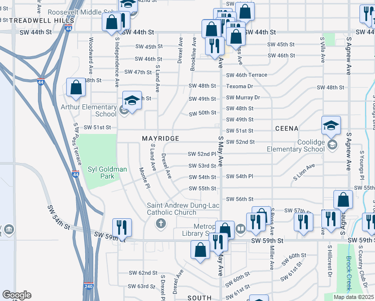 map of restaurants, bars, coffee shops, grocery stores, and more near 3018 Southwest 52nd Place in Oklahoma City