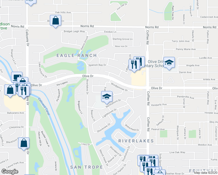 map of restaurants, bars, coffee shops, grocery stores, and more near 5726 Lily Pad Court in Bakersfield