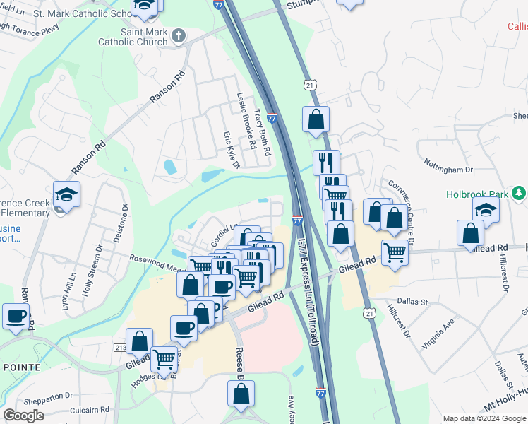 map of restaurants, bars, coffee shops, grocery stores, and more near 10025 Rose Brook Lane in Huntersville