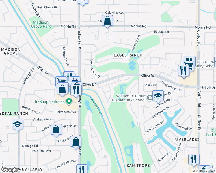 map of restaurants, bars, coffee shops, grocery stores, and more near 9308 Via Parma in Bakersfield