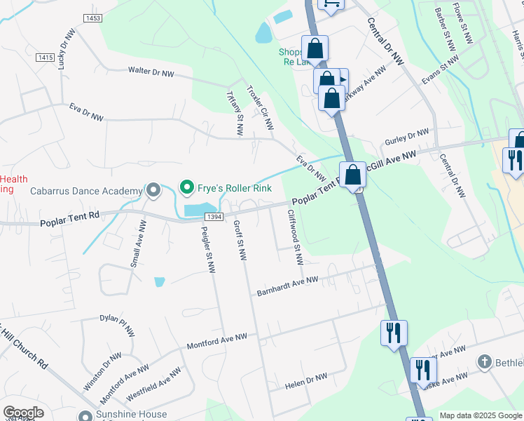 map of restaurants, bars, coffee shops, grocery stores, and more near 202 Raleigh Street Northwest in Concord