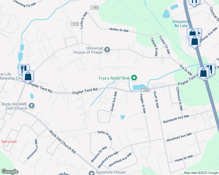 map of restaurants, bars, coffee shops, grocery stores, and more near 3054 Poplar Tent Road in Concord