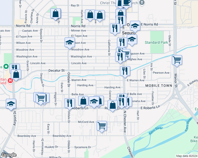 map of restaurants, bars, coffee shops, grocery stores, and more near 234 Warren Avenue in Bakersfield