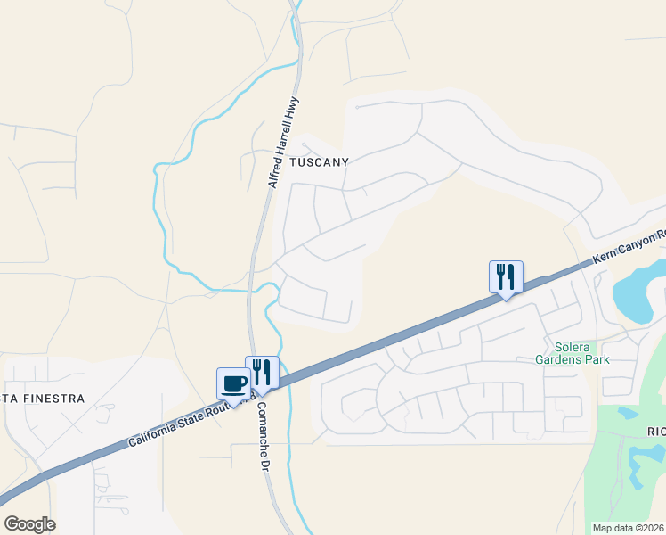 map of restaurants, bars, coffee shops, grocery stores, and more near 6318 Veronese Court in Bakersfield