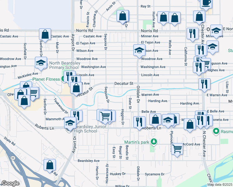 map of restaurants, bars, coffee shops, grocery stores, and more near 602 Sharon Place in Bakersfield