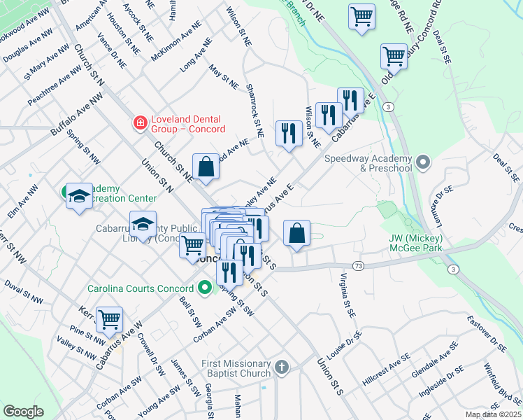 map of restaurants, bars, coffee shops, grocery stores, and more near 68 Cabarrus Avenue East in Concord