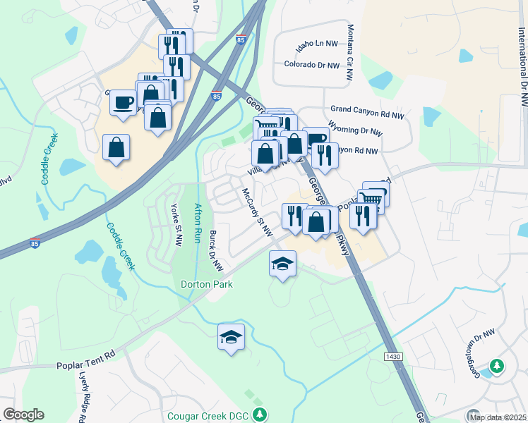 map of restaurants, bars, coffee shops, grocery stores, and more near 5457 Coleman Circle Northwest in Concord