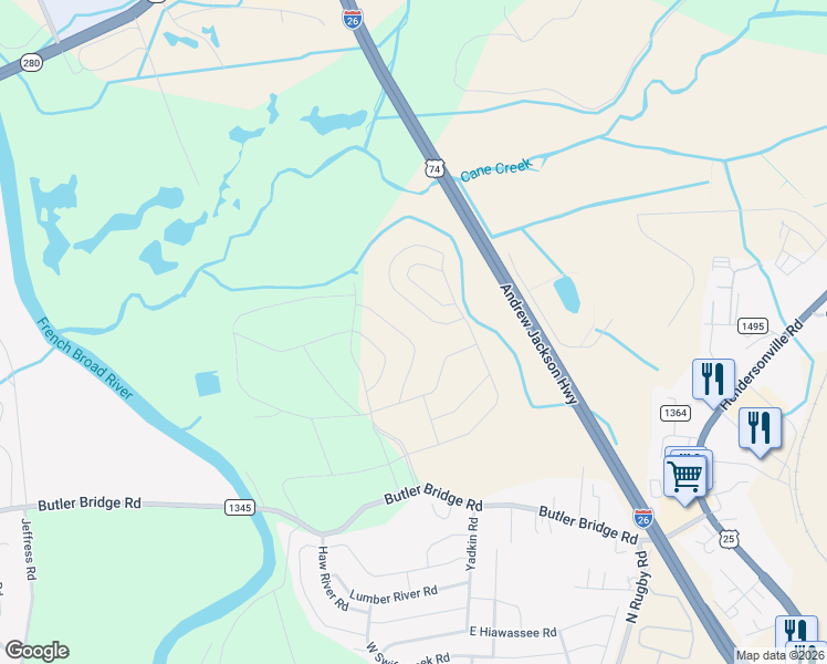 map of restaurants, bars, coffee shops, grocery stores, and more near 296 Tap Root Lane in Fletcher