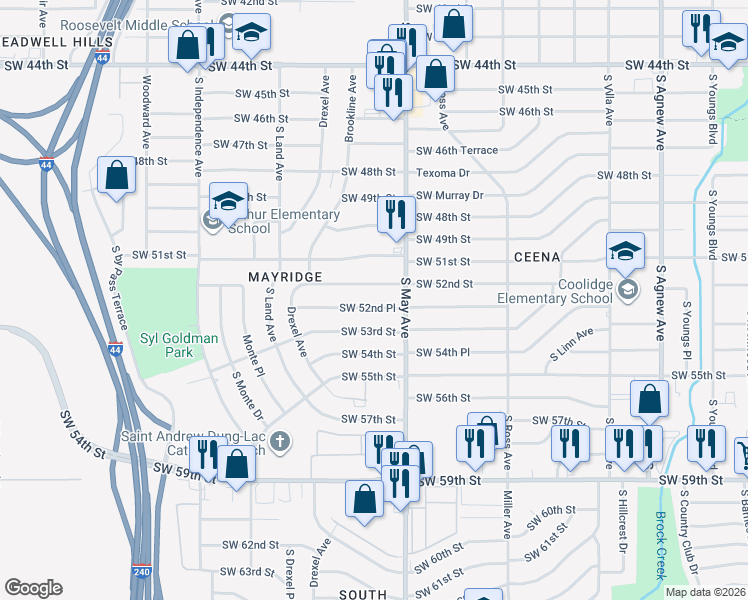 map of restaurants, bars, coffee shops, grocery stores, and more near 2936 Southwest 52nd Place in Oklahoma City