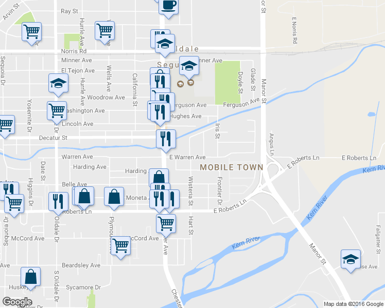 map of restaurants, bars, coffee shops, grocery stores, and more near 200 East Warren Avenue in Bakersfield
