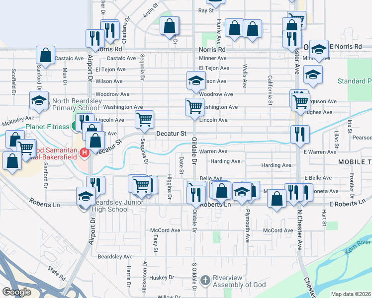map of restaurants, bars, coffee shops, grocery stores, and more near 506 Warren Avenue in Bakersfield