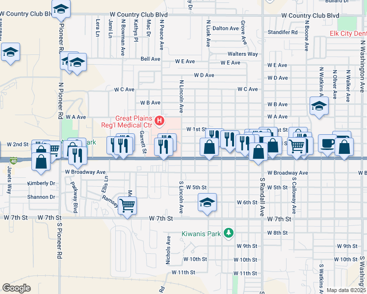 map of restaurants, bars, coffee shops, grocery stores, and more near 1621 West 3rd Street in Elk City