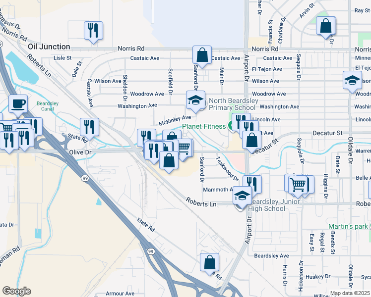 map of restaurants, bars, coffee shops, grocery stores, and more near 1000 Olive Drive in Bakersfield