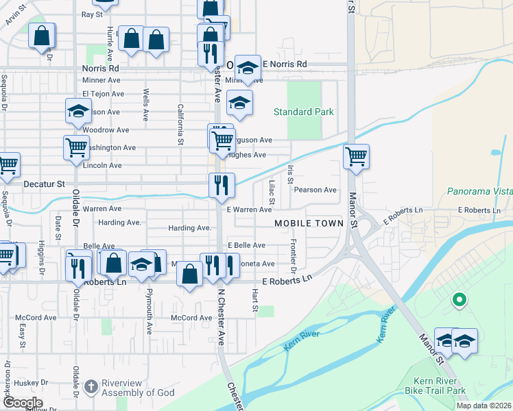 map of restaurants, bars, coffee shops, grocery stores, and more near 200 East Warren Avenue in Bakersfield