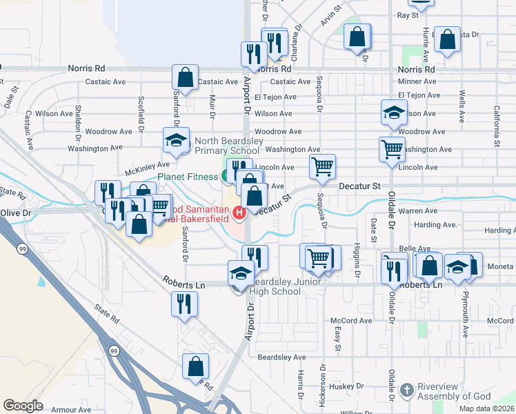 map of restaurants, bars, coffee shops, grocery stores, and more near 630 Airport Drive in Bakersfield