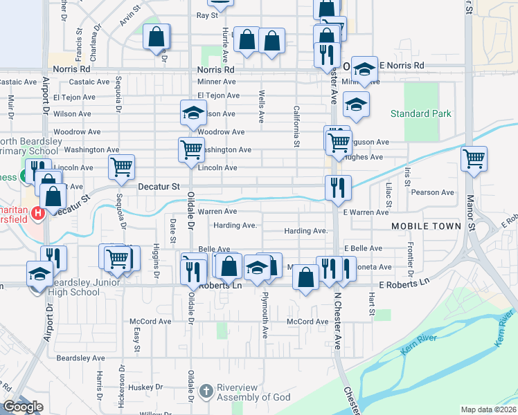 map of restaurants, bars, coffee shops, grocery stores, and more near 308 Warren Avenue in Bakersfield