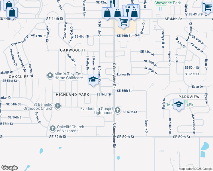 map of restaurants, bars, coffee shops, grocery stores, and more near 4215 Southeast 53rd Street in Oklahoma City