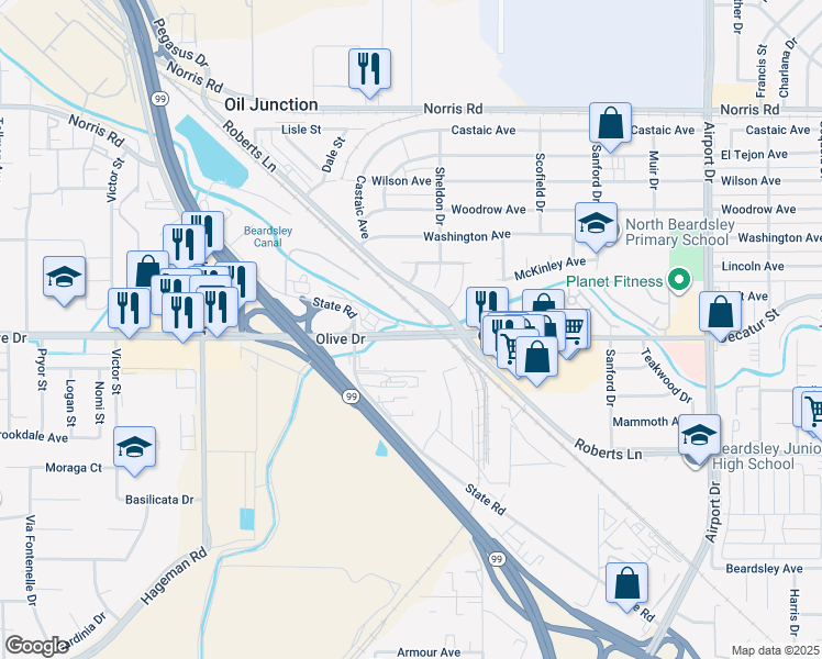 map of restaurants, bars, coffee shops, grocery stores, and more near 1450 Olive Drive in Bakersfield