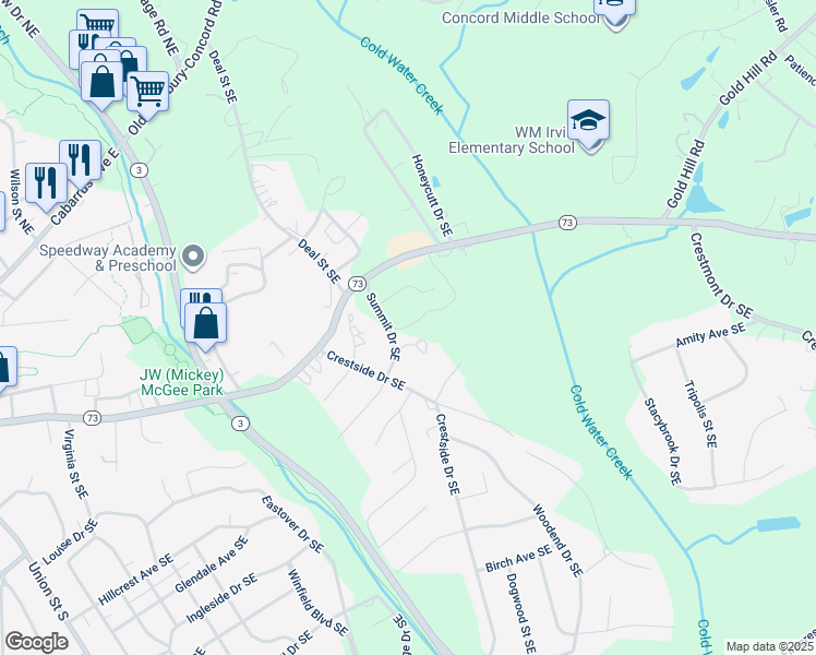 map of restaurants, bars, coffee shops, grocery stores, and more near Summit Drive Southeast in Concord