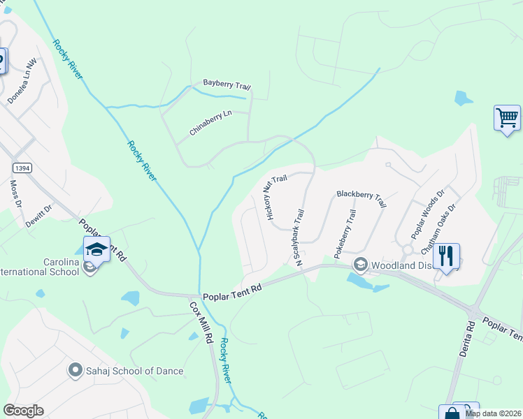 map of restaurants, bars, coffee shops, grocery stores, and more near 8775 Hickory Nut Trail in Concord