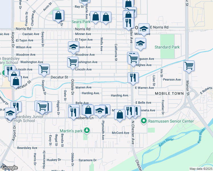 map of restaurants, bars, coffee shops, grocery stores, and more near 219 Warren Avenue in Bakersfield
