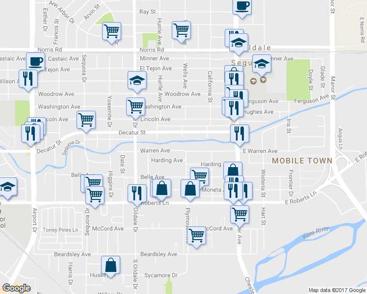 map of restaurants, bars, coffee shops, grocery stores, and more near 309 Warren Avenue in Bakersfield