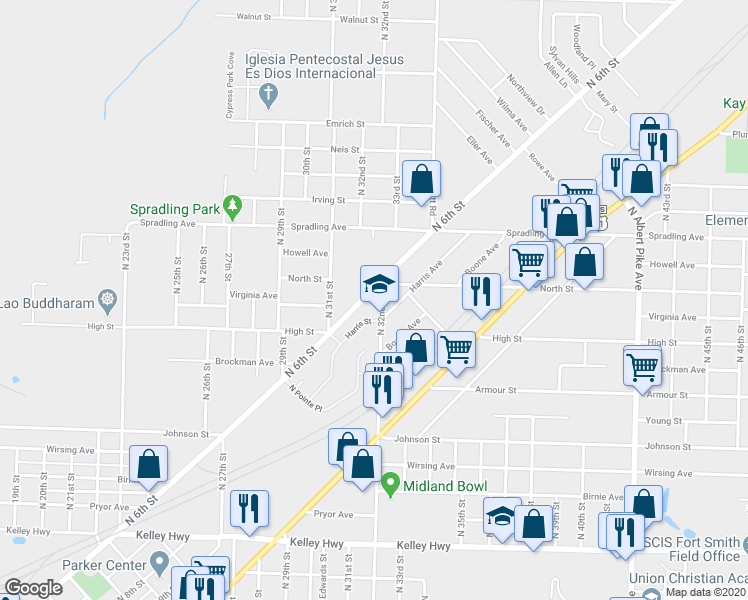 map of restaurants, bars, coffee shops, grocery stores, and more near 3131 Harris Street in Fort Smith