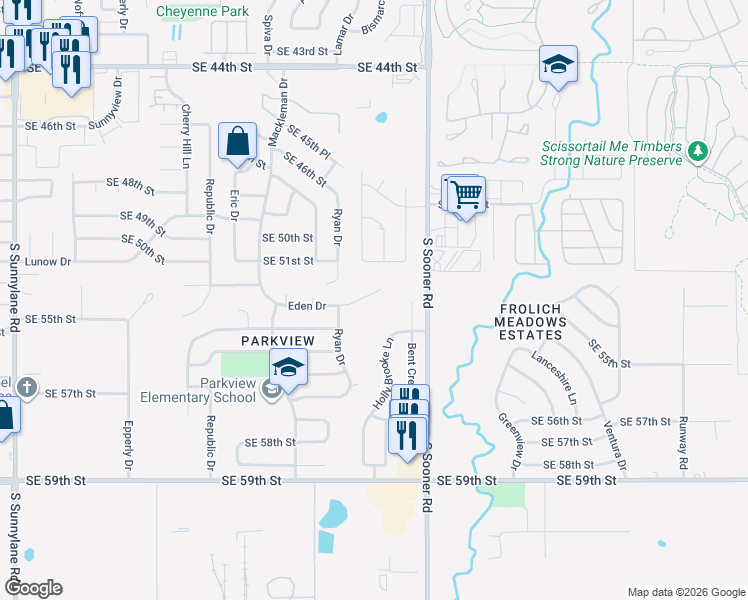 map of restaurants, bars, coffee shops, grocery stores, and more near 5308 Eden Drive in Oklahoma City
