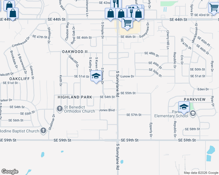 map of restaurants, bars, coffee shops, grocery stores, and more near 4208 Southeast 53rd Street in Oklahoma City