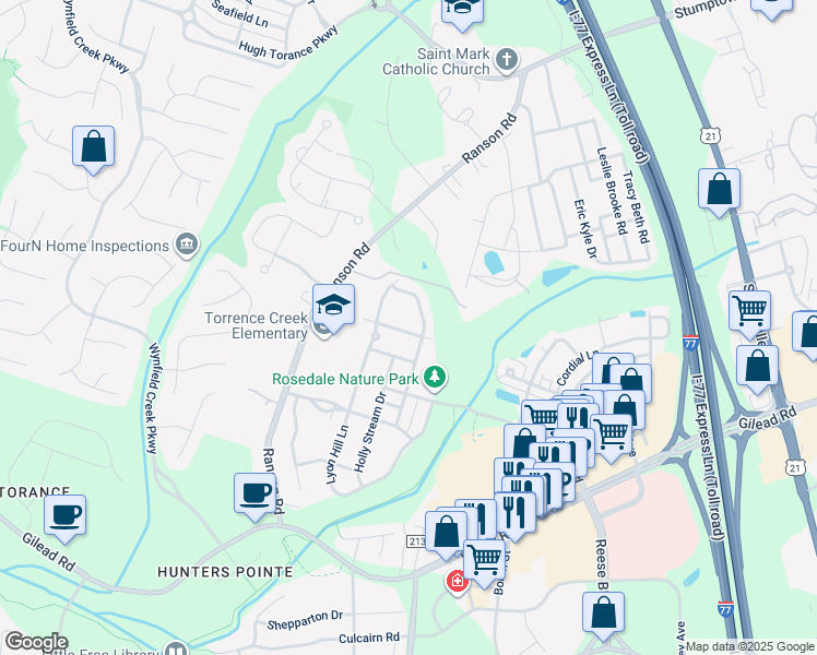 map of restaurants, bars, coffee shops, grocery stores, and more near 9621 Cheery Meadow Drive in Huntersville
