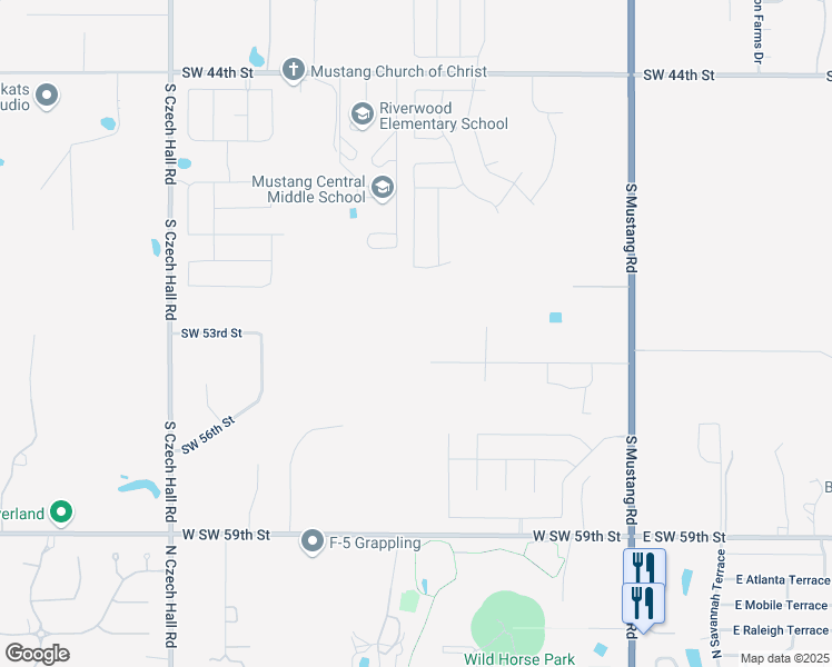 map of restaurants, bars, coffee shops, grocery stores, and more near 11749 Southwest 54th Street in Mustang