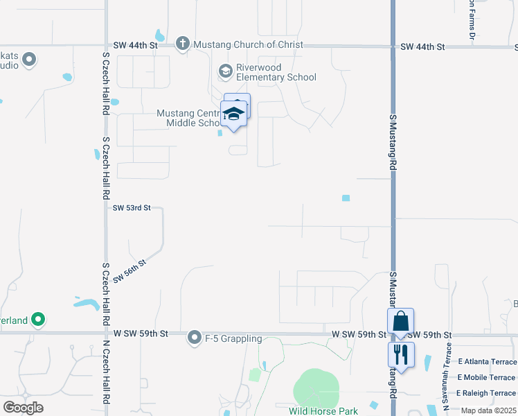 map of restaurants, bars, coffee shops, grocery stores, and more near 11749 Southwest 54th Street in Mustang
