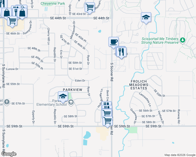map of restaurants, bars, coffee shops, grocery stores, and more near 5308 Eden Drive in Oklahoma City