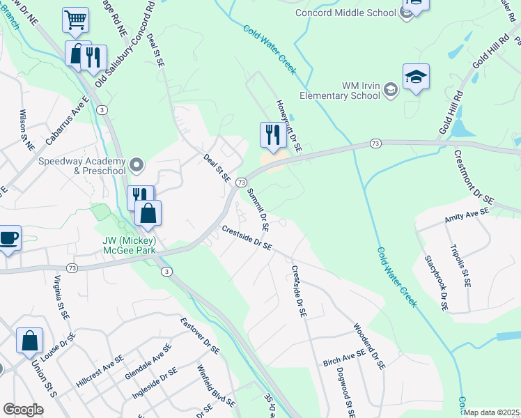 map of restaurants, bars, coffee shops, grocery stores, and more near Summit Drive Southeast in Concord