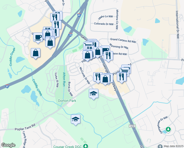 map of restaurants, bars, coffee shops, grocery stores, and more near 5473 Coleman Circle Northwest in Concord
