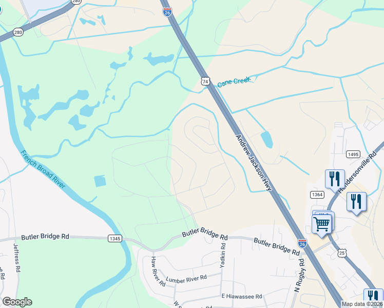 map of restaurants, bars, coffee shops, grocery stores, and more near 296 Tap Root Lane in Fletcher