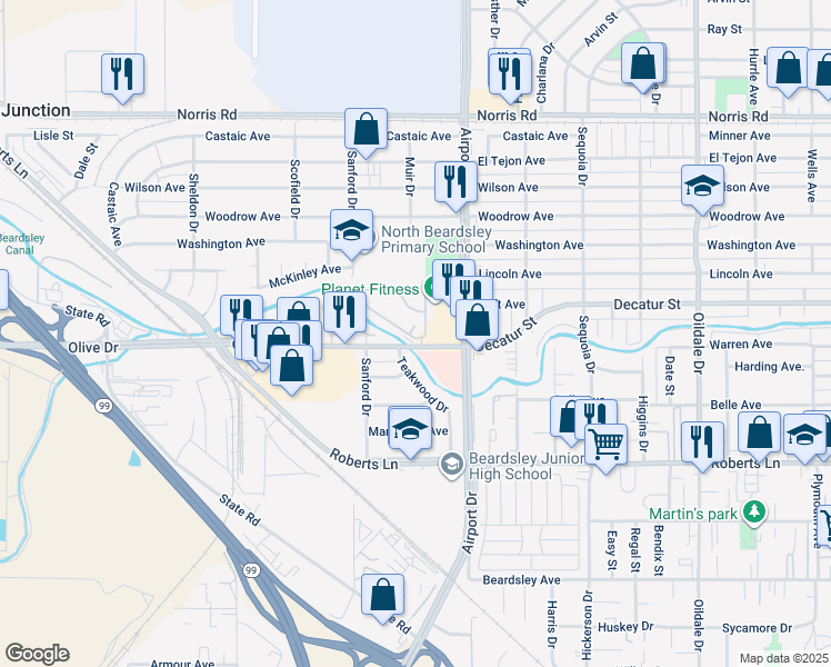 map of restaurants, bars, coffee shops, grocery stores, and more near 930 Olive Drive in Bakersfield