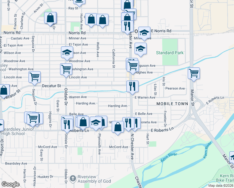 map of restaurants, bars, coffee shops, grocery stores, and more near 630 Central Avenue in Bakersfield