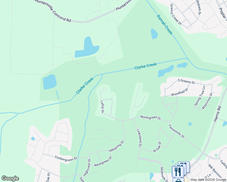 map of restaurants, bars, coffee shops, grocery stores, and more near 10230 Edgecliff Road in Huntersville