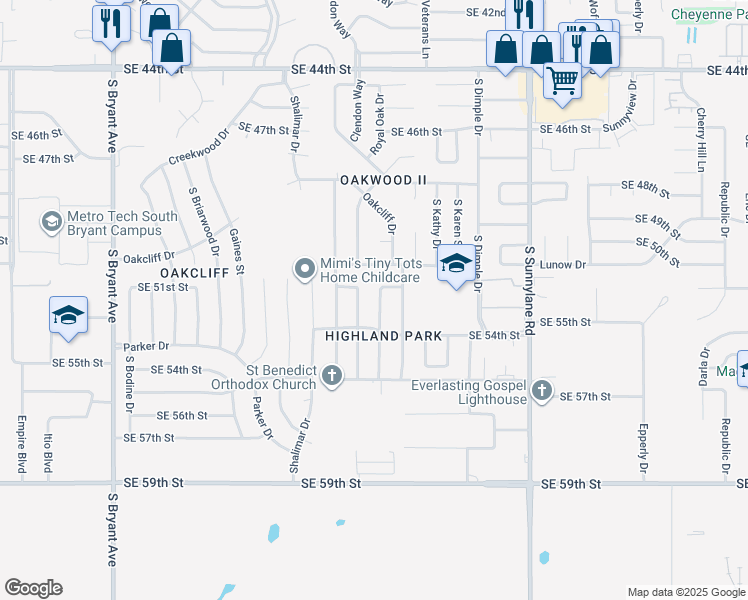 map of restaurants, bars, coffee shops, grocery stores, and more near 5412 Spitz Drive in Oklahoma City
